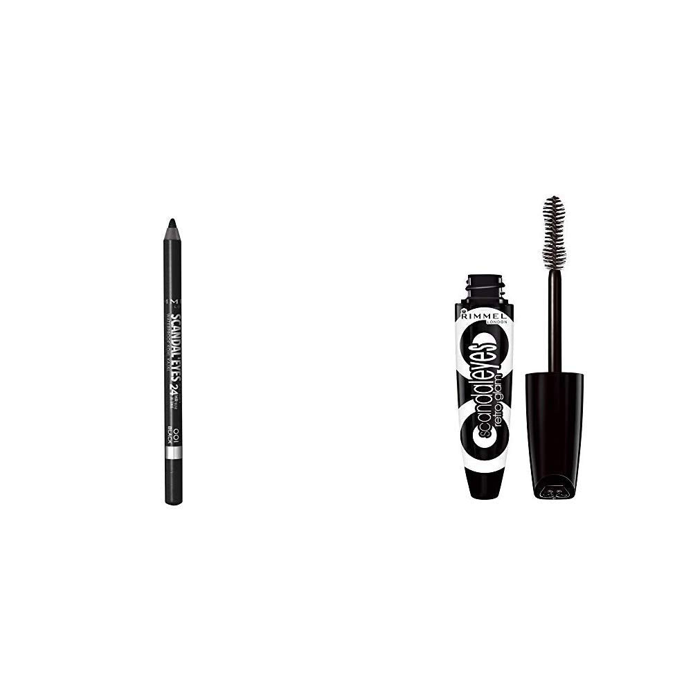 Rimmel Scandaleyes Waterproof Gel Eye Liner Pencil, Black & Rimmel Scandaleyes Retroglam Mascara, Extreme Black Longwear Mascara for a False Eyelash Look, 0.41 Fl Oz (Pack of 1)