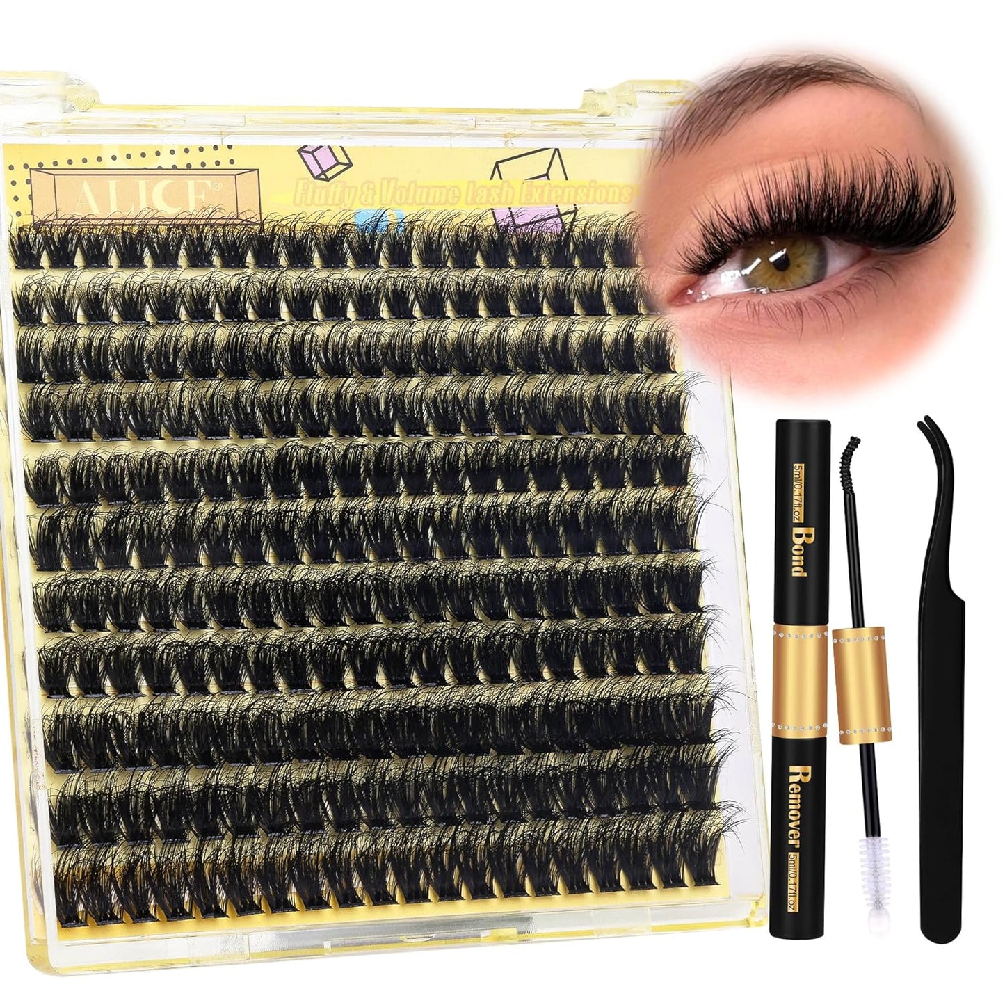 ALICE Fluffy Volume Lash Clusters Kit Lash Extension Kit Thick 3D Wispy DIY Eyelash Extension Kit with 220Pcs Mink Look Individual Lashes, Lash Bond and Remover,Tweezers(10-16mm,0.05D, D Curl)