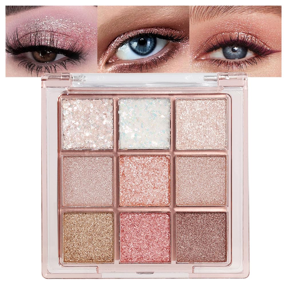 9Color Pink White Golden Brown Warm Glitter Colorful Eyeshadow Palette Makeup,Korean Natural Neutral Rainbow Eyeshadow palettes Highly Pigmented Naturing-Looking Long Lasting Waterproof Blendable