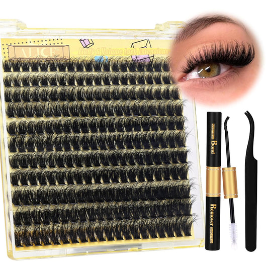 ALICE Fluffy Volume Lash Clusters Kit Lash Extension Kit Thick 3D Wispy DIY Eyelash Extension Kit with 220Pcs Mink Look Individual Lashes, Lash Bond and Remover,Tweezers(10-16mm,0.05D, D Curl)